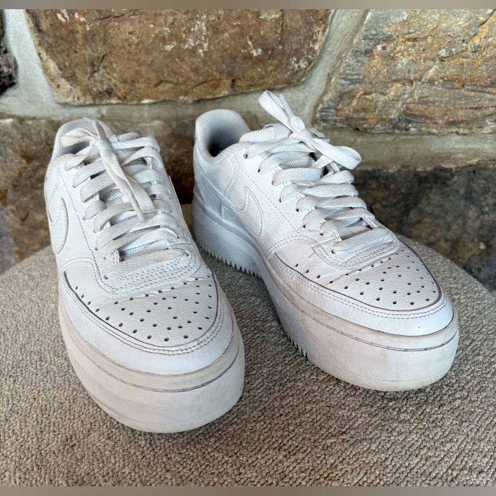 NIKE WOMEN’S COURT VISION ALTA TRIPLE WHITE SNEAKERS. DM0113 100